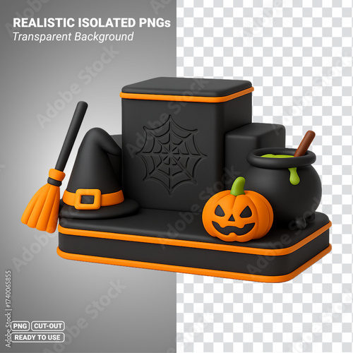 Halloween podium with pumpkin cauldron witch hat broom and spider web Transparent PNG file ready to be used.