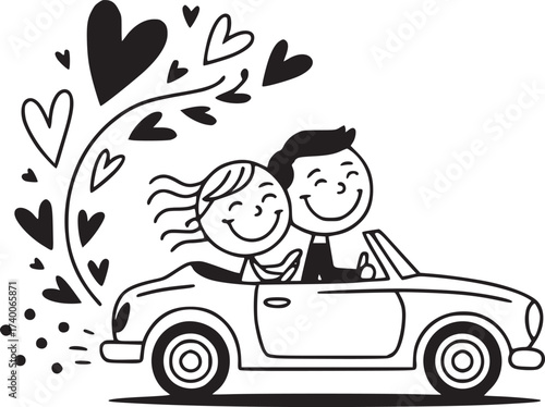 Romantic Getaway in a Car: A joyful couple embarks on a romantic journey in a convertible car, surrounded by floating hearts, symbolizing love and togetherness.
