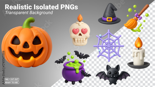 Halloween icons pumpkin skull witch hat broom cauldron spider web bat candle Transparent PNG file ready to be used.