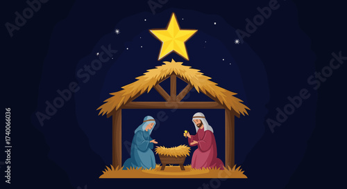Nativity Scene with Star and Night Sky