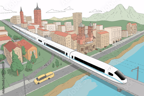 Modern high speed train crossing bridge with city background illustration