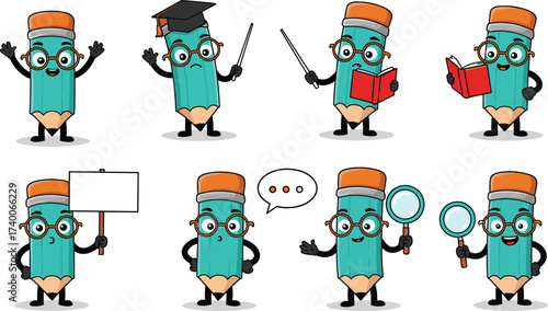 Cute pencil character mascot vector illustration with glasses, book, magnifying glass, teacher hat, reading, teaching, learning, cartoon education design