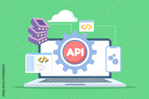 API, Application Programming Interface illustration concept. Depicts software integration, data exchange, and connectivity, suitable for websites, landing pages, mobile apps, posters, and banners.
