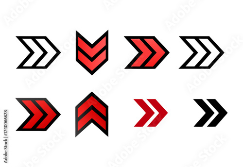 Collection of chevron arrows in red and black on white background
