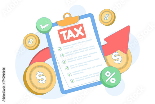 Clipboard holding a tax document with percentage and arrow icons, representing tax increase, financial growth, accounting, and economic management in a flat vector illustration.