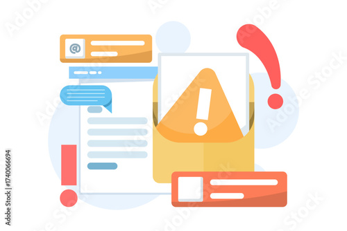 Illustration of a malicious email concept. Depicts phishing attack, spam, or scam message threatening cybersecurity and personal data protection. for websites, landing pages, posters, and banners.