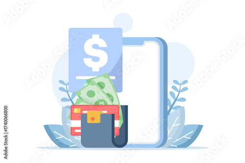 Illustration of online payment via smartphone with cashback or reward on credit card, symbolizing financial savings, digital transactions, and money exchange benefits.