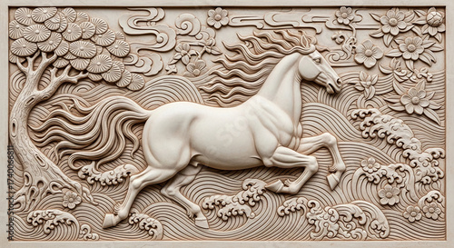 Intricate beige bas-relief carving of a horse running amidst stylized waves and flowers, showcasing artistic skill and symbolic representation of freedom, strength, and grace