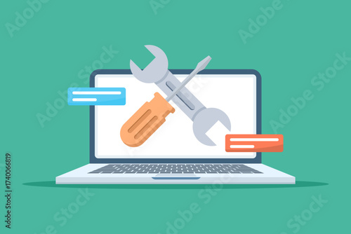 Vector illustration of computer repair and maintenance service concept. Laptop screen with wrench and screwdriver represents IT support, technical assistance, and device troubleshooting.