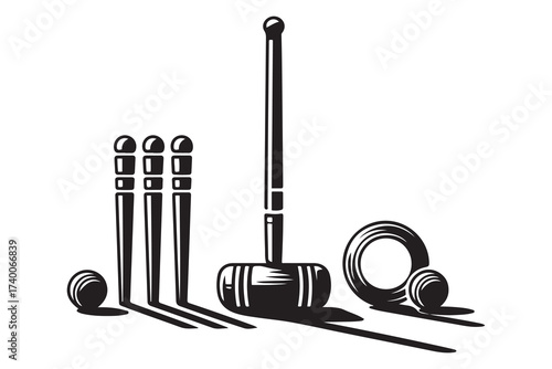Croquet Equipment. Vector Black silhouettes. with white background