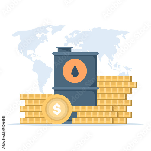 Vector illustration of oil price concept. Barrel with gold coins symbolizes petroleum industry, market value, energy trading, and economic impact of global oil production.