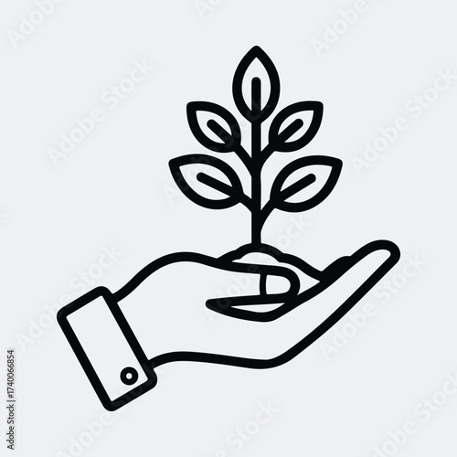 Silhouette hand holding plant sprout seedling sustainable growth line art vector illustration