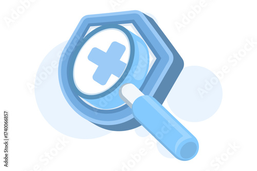 Shield with blue cross and magnifying glass symbolizing security analysis, protection, and medical inspection. Concept of health protection, safety monitoring, and data security check.