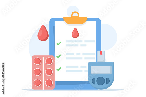 Illustration of a glucometer, blood drop symbol, medication, and health report, representing blood glucose monitoring, medical checkups, and diabetes awareness concept.