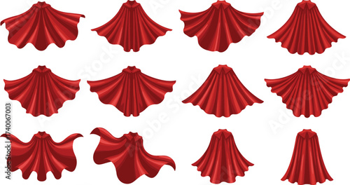 Set of red superhero capes in different styles, flying fabric costume, fantasy cloak collection, power hero cartoon vector illustration