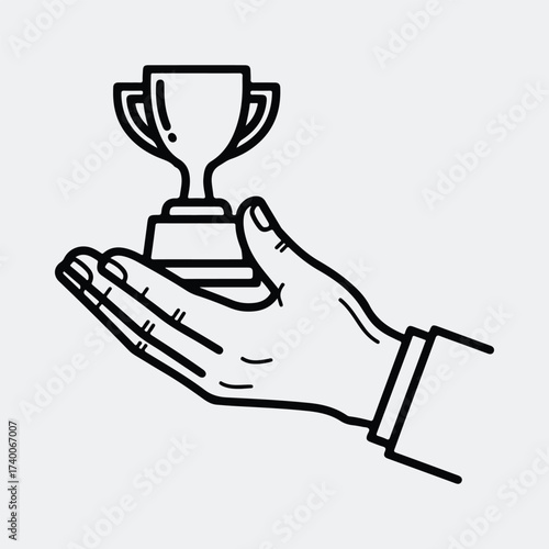Silhouette hand holding up a trophy award line art vector illustration