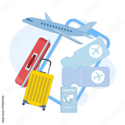 Vector illustration of mobile phone, suitcase, plane tickets, debit card, and passport. Represents travel and tourism planning, summer holiday preparation, online booking, and vacation organization.