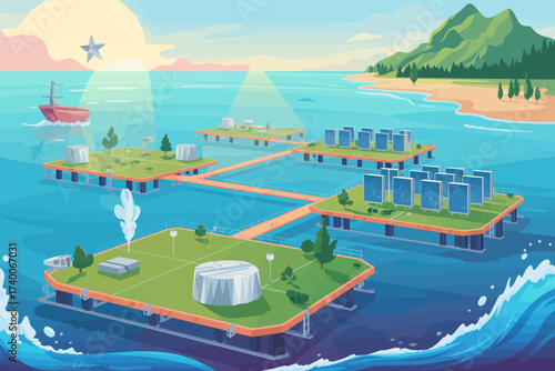 Sustainable Offshore Research Facility with Solar Panels and Living Spaces
