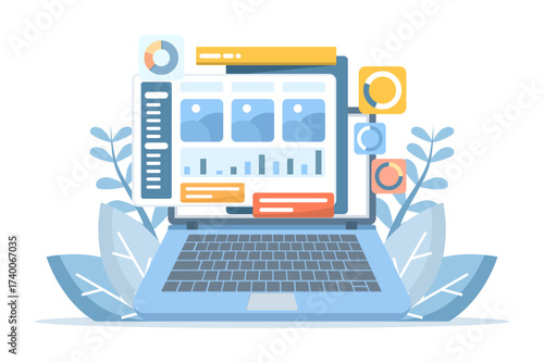 Flat vector illustration of an admin dashboard design concept, showcasing data management, analytics, and user interface. Perfect for websites, landing pages, mobile apps, posters, and banners.