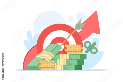 Illustration of personal finance and investment planning with target board and arrows, symbolizing saving goals, financial strategies, and maximizing investment returns.