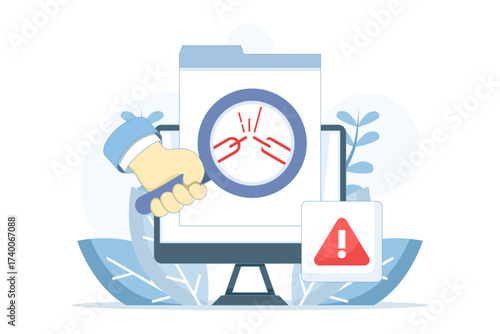 Broken links and website auditing illustration. Professional using laptop to detect, identify and fix website broken links. SEO maintenance, web optimization, and technical audit concept.