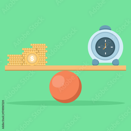 Vector illustration of alarm clock and gold coin stacks balanced on a swing. Symbol of finance, time value of money, exchange rates, and economic balance in investment concepts.