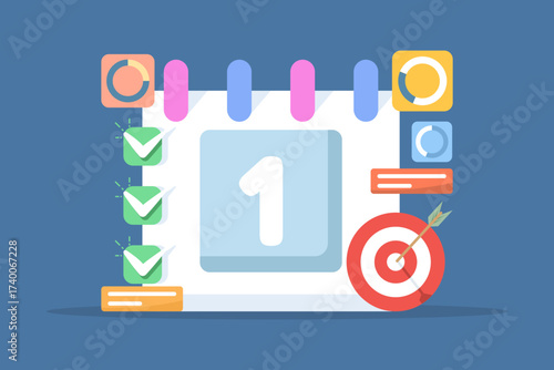 Illustration of achieving goals on schedule, symbolizing daily planning, goal setting, and completing predetermined targets efficiently and on time.