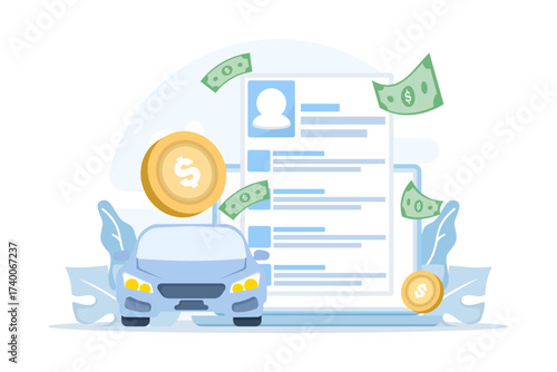 Vector illustration of a private car tax payment. The vehicle, along with documents, a pencil, and coins, represents the financial burden, costs of car ownership, and transportation tax information.