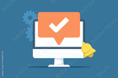 Illustration of a man with a notification showing a check mark, symbolizing process completion, system success, approval, correctness, and confirmed or accepted information.
