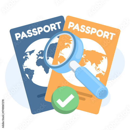 Vector illustration of passport verification concept. Passport with magnifying glass and approved stamp symbolizes travel document check, identity validation, and visa approval process.