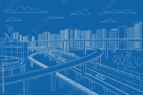 Urban Blueprint Vector Illustration Cityscape with Roads and Buildings Design