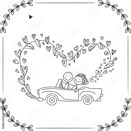 Love on the Road: This charming illustration captures the essence of romance and togetherness as a couple embarks on a journey in a classic convertible, enveloped by a heart-shaped garland.
