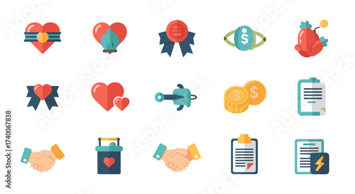 Icons representing charity fundraising and donation concepts