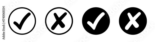 Checkmark and cross in circle and filled style vector icon set