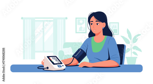 Woman monitoring her blood pressure at home on a table