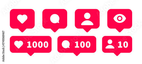 Social media notification icons for likes, views, and comments