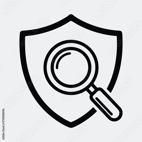 Silhouette security shield with magnifying glass icon line art vector illustration