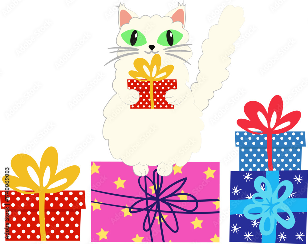 Obraz premium fluffy white angora cat holding red christmas or birthday gift box standing on stack bright colorful presents vector isolated