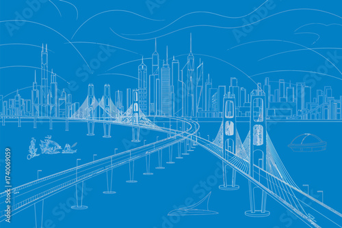 Blueprint of a futuristic cityscape with bridges and modern architecture
