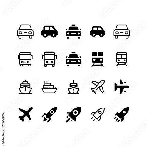 Collection of diverse transportation icons including cars buses trains ships and airplanes in a clean vector graphic style
