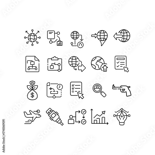 Collection of diverse hand drawn outline icons representing business finance technology and security concepts