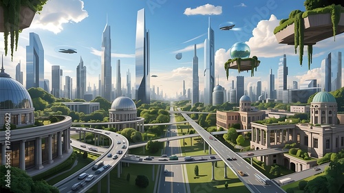 Futuristic Green Metropolis with Flying Vehicles and Architectural Wonders Blending Nature and Urban Design