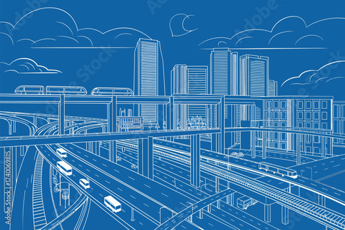 City Blueprint Illustration with Elevated Roads and Public Transportation Design