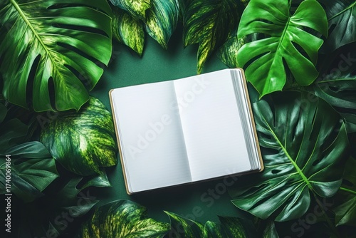 Open white notebook on green background. pages on green leaves background. Place for text