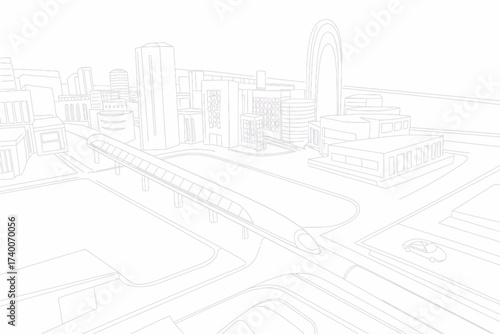 Cityscape illustration with elevated train and buildings in light gray color