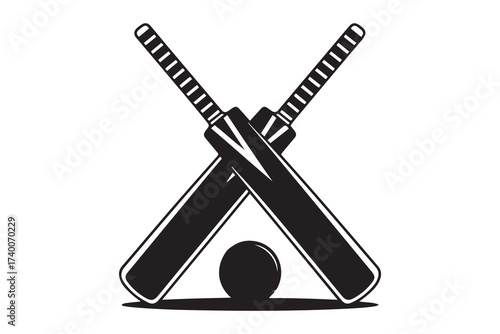 Crossed cricket bats with ball. Vector Black silhouettes. with white background