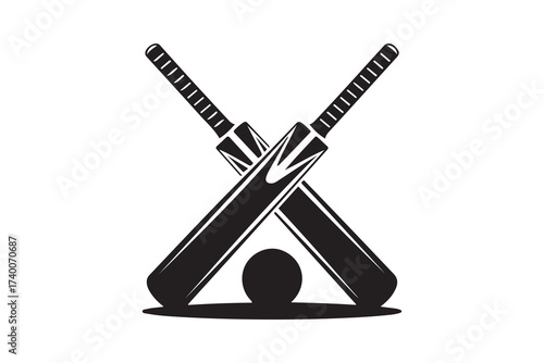 Crossed cricket bats with ball. Vector Black silhouettes. with white background