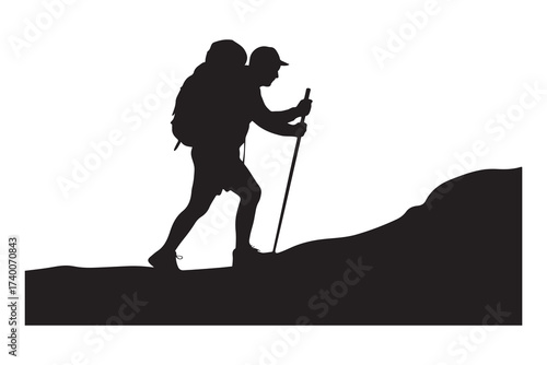 Man hiking with stick. Vector Black silhouettes. with white background
