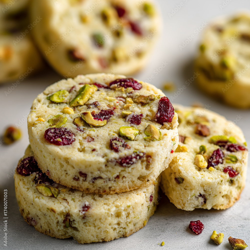 Fototapeta premium Cranberry Pistachio Shortbread Cookies Different from its predecessor Focus on the details