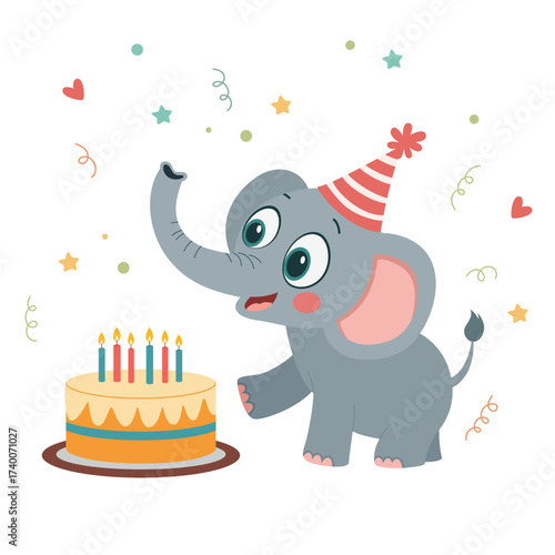 Cute baby elephant in party hat with birthday cake and candles, cartoon animal celebration vector illustration for kids greeting card, poster, sticker, clipart isolated on white background